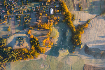 Aerial autumn fall sunrise view in Kernavė archaeological site, Lithuania
