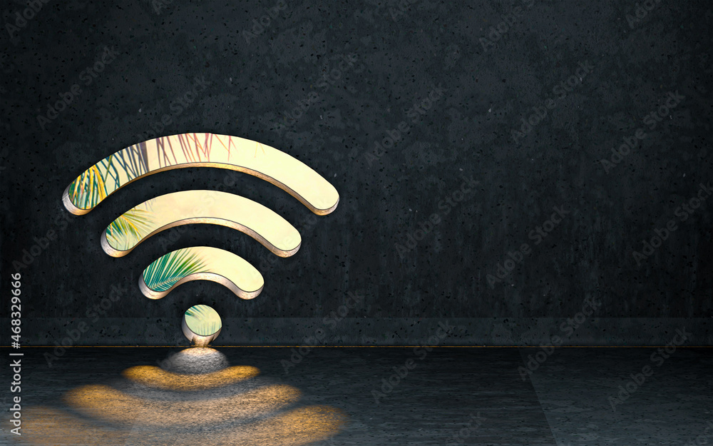 Poster wifi icon showing inside of interior with sunray shiny realistic background 3d render
