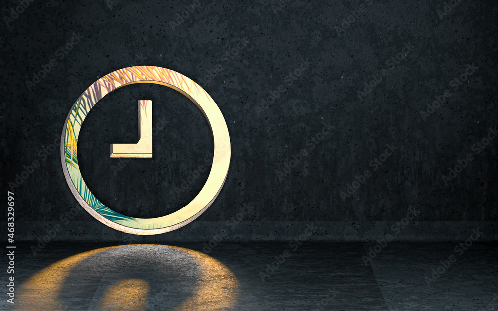 Poster clock icon showing inside of interior with sunray shiny realistic background 3d render