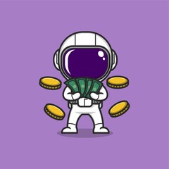 cute cartoon astronaut rich with money and coins. vector illustration for mascot logo or sticker