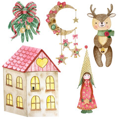 Watercolor characters and elements: house, girl, deer, fir bouquet and jute crescent