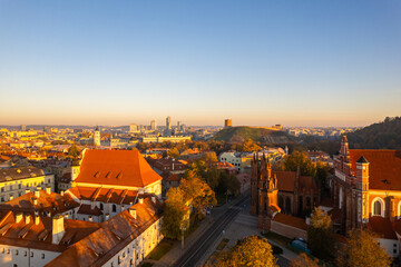 Fototapeta na wymiar Aerial autumn fall sunrise view of Vilnius oldtown, Lithuania