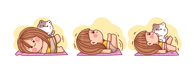 Fototapeta premium Young woman doing fitness workout at home sport yoga body exercise healthy hand drawn cartoon art illustration