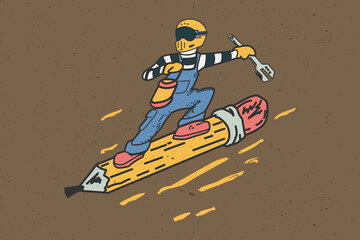 Illustration of man in glasses full of fun surfing with a pencil pouring out his imagination