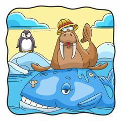 cartoon illustration a walrus sitting on a whale