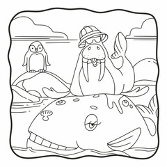 cartoon illustration a walrus sitting on a whale coloring book or page for kids black and white