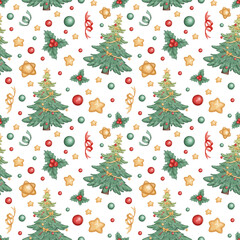 Christmas seamless pattern with Christmas tree and New Year's toys on a white background. Great for festive decoration of fabric, wrapping paper, gifts, postcards.