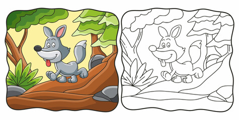 cartoon illustration wolf walking in the forest coloring book or page for kids