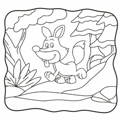 cartoon illustration wolf walking in the forest coloring book or page for kids black and white