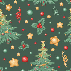 Christmas seamless pattern with gold stars, Christmas tree and toys. Seamless texture great for festive decoration of fabric, wrapping paper, gifts, cards.
