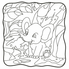 cartoon illustration elephant playing water in the waterfall coloring book or page for kids black and white