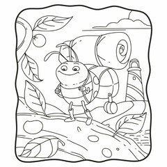 cartoon illustration ladybug holding a bag with a mat on it coloring book or page for kids black and white