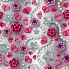 Seamless pattern. Happy Valentines Day, flowers, hearts, silver stars, beads.