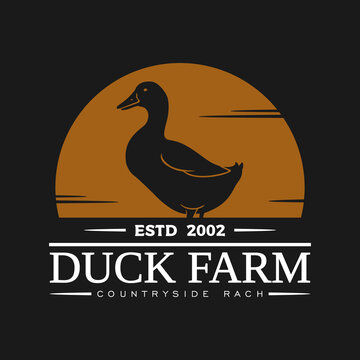 vector logotype of duck farm with silhouette of duck isolated in dark background. vintage logo illustration