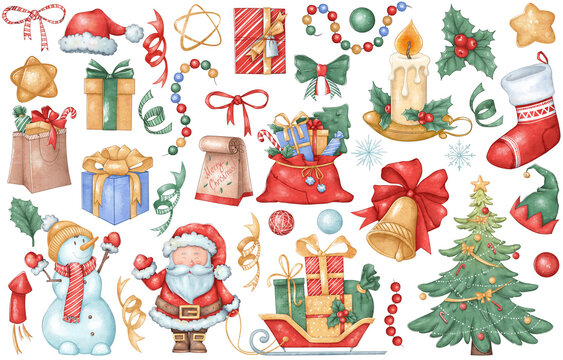 New Year's set of holiday items: gifts, snowman, Santa Claus, tree, bows, confetti, bell, garlands, etc. Christmas collection. Suitable for stickers, prints, books, etc.