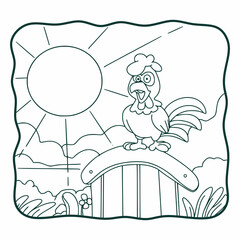 cartoon illustration rooster crowing book or page for kids black and white
