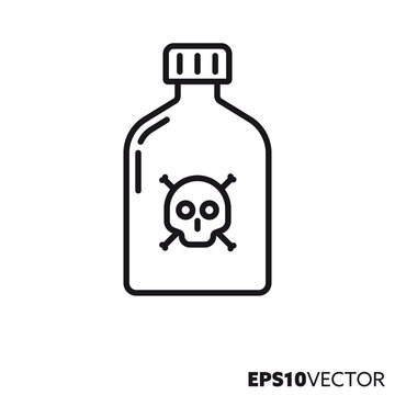 Botttle of poison marked with skull and crossbones line icon. Outline symbol of toxic substance. Health care and medicine concept flat vector illustration.