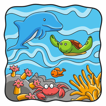 cartoon illustration marine life of dolphins, turtles, crabs and sea fish