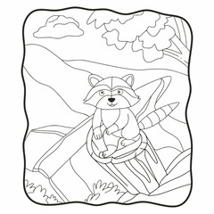cartoon illustration raccoon on a tree trunk book or page for kids black and white