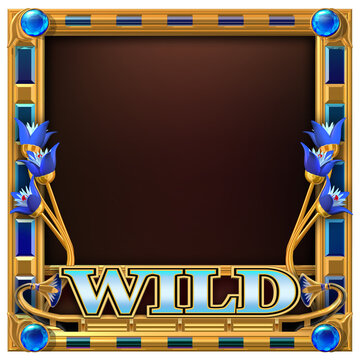 Decorative golden frame adorned with blue floral ornaments and with word WILD written on it. 3D illustration