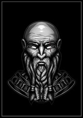 Brutal character with a thick braided beard and mustache without a background. Scandinavian warrior in armor with a scar on his face close-up, isolated graphic portrait of a bald Viking - monochrome.