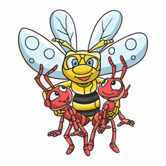 cartoon illustration a bee brings two red ants