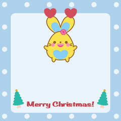 Cute winter Christmas banner template. Cute animal. Happy cute bunny hanging with red heart. Snowfall on blue background.