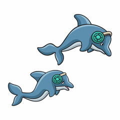 cartoon illustration two dolphins swimming wearing headset