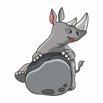 cartoon illustration rhino holding a rock