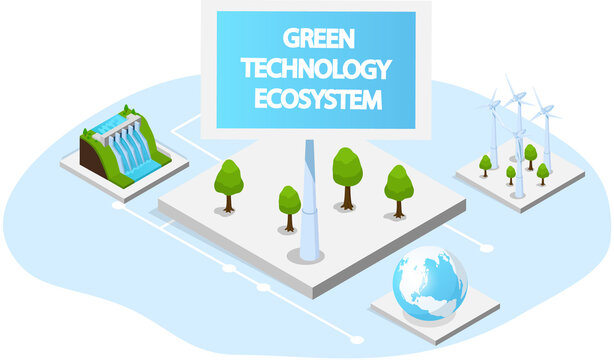Wind turbines and hydroelectricity power station for clean eco-friendly alternative energy. Equipment for electricity producing, renewable net energy. Power production using green technology