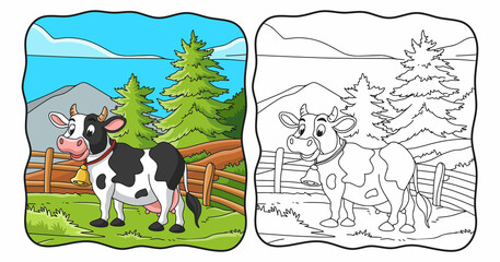 cartoon illustration the cow is in the meadow book or page for kids
