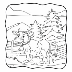 cartoon illustration the cow is in the meadow book or page for kids black and white