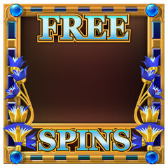 Decorative golden frame adorned with blue floral ornaments and with FREE SPINS text written on it. 3D illustration