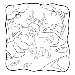 cartoon illustration deer walking in the forest book or page for kids black and white