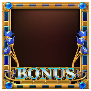 Decorative golden frame adorned with blue floral ornaments and with word BONUS written on it. 3D illustration