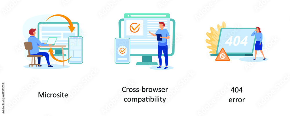 Poster microsite, cross- browser compatibility, 404 error. web development abstract concept vector illustra