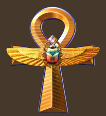 Representation of an ornate ankh cross, Egyptian hieroglyphic symbol of life. 3D illustration isolated on dark background - obrazy, fototapety, plakaty