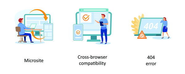 Obraz na płótnie Canvas microsite, cross- browser compatibility, 404 error. Web development abstract concept vector illustration set.