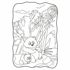 cartoon illustration Panda with his cub sitting on a big rock by the river book or page for kids black and white