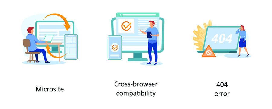 microsite, cross- browser compatibility, 404 error. Web development abstract concept vector illustration set.