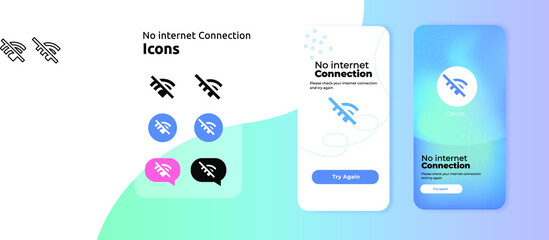 Wireless Wi-Fi icons, mobile app screen concept, design template, no internet connection 