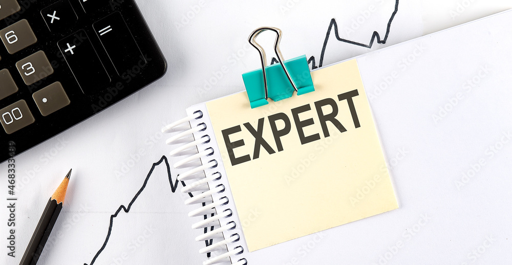 Poster stickers with pencils and notebook with text expert on chart background