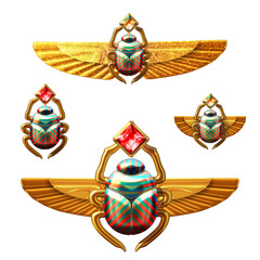Representation of winged scarab beetles, symbol of rebirth and renewal to ancient Egyptians. 3D illustration isolated on white background 