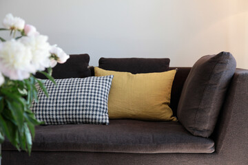 gros plan sur des coussins sur un canapé dans un salon