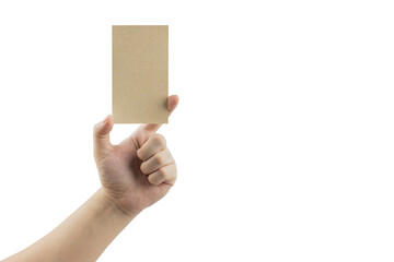 Hand holding blank cardboard on white background. with copy space