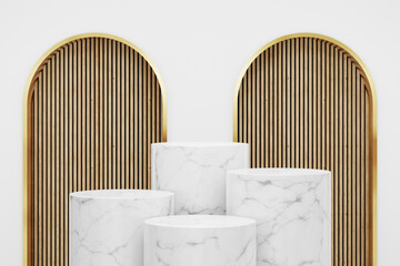 Cylinder step white marble podium with wood feature wall background in luxury studio scene. Modern showroom interior 3d rendering image for product display.