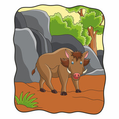 cartoon illustration wild boar walking in the forest