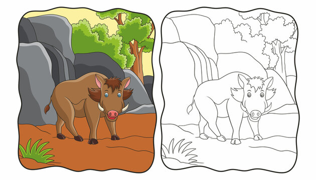 cartoon illustration wild boar walking in the forest book or page for kids