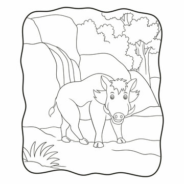 cartoon illustration wild boar walking in the forest book or page for kids black and white