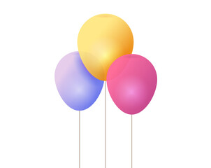 Birthday three balloons icon vector bunch isolated on white background for party celebration 3d illustration, transparent flying helium ballons realistic pink, gold, yellow, purple color